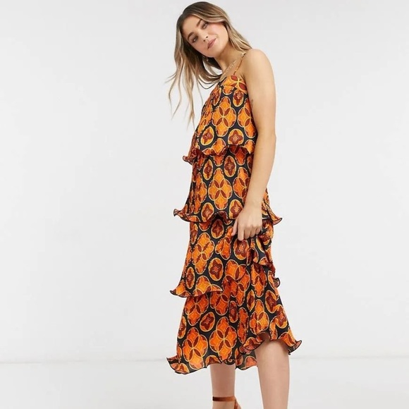 Never Fully Dressed Square Neck Tiered Frill Midaxi Dress in Geometric Print - Picture 1 of 8